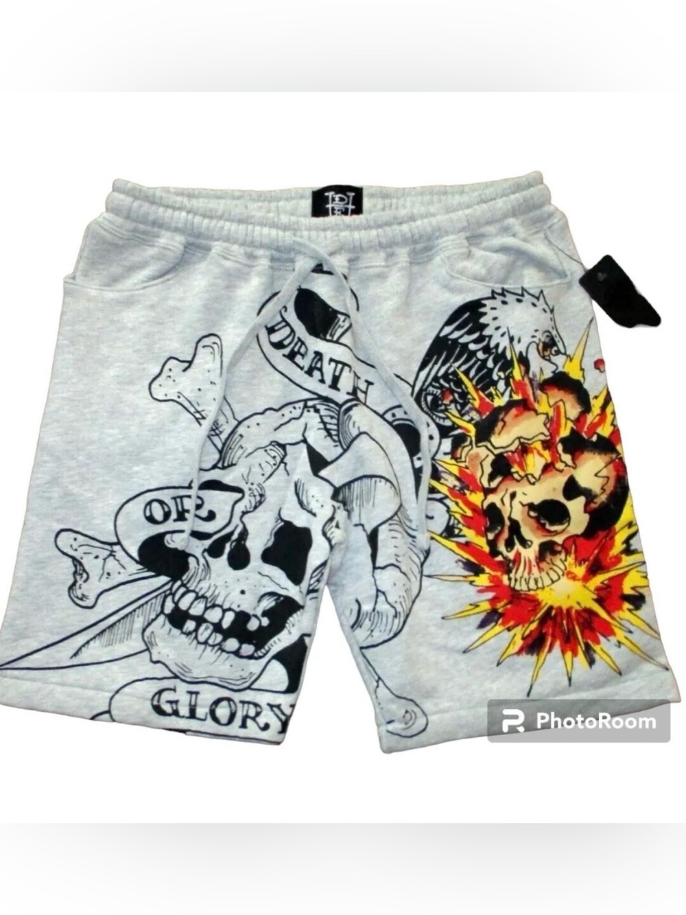 Ed Hardy Men’s DEATH OR GLORY Fleece Shorts Size M Skull Eagle Explosion Medium